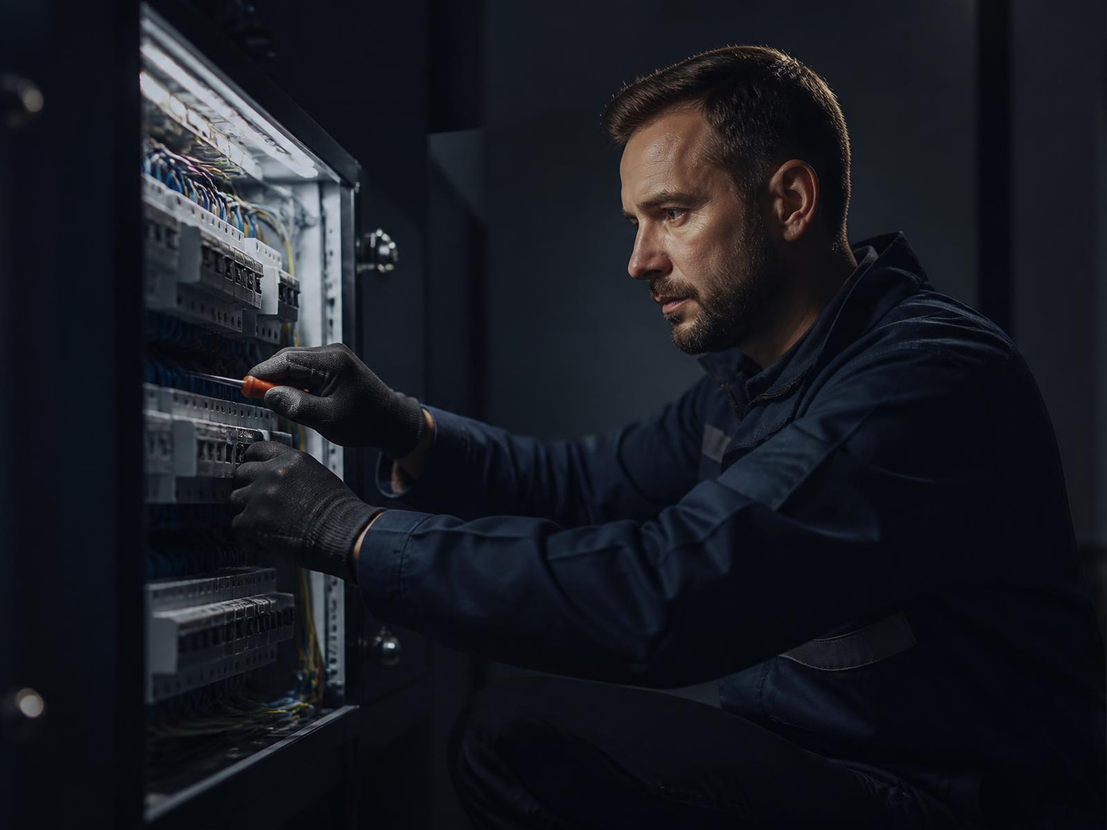 Electrician carefully working inside an open residential switchboard